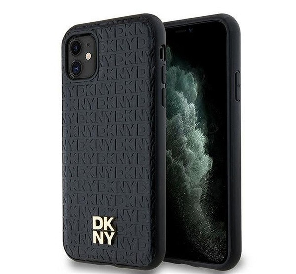 DKNY PU Leather Repeat Pattern Stack Logo Apple iPhone 11 Magsafe kompatibilis hátlap tok, fekete akciós termékkép 1
