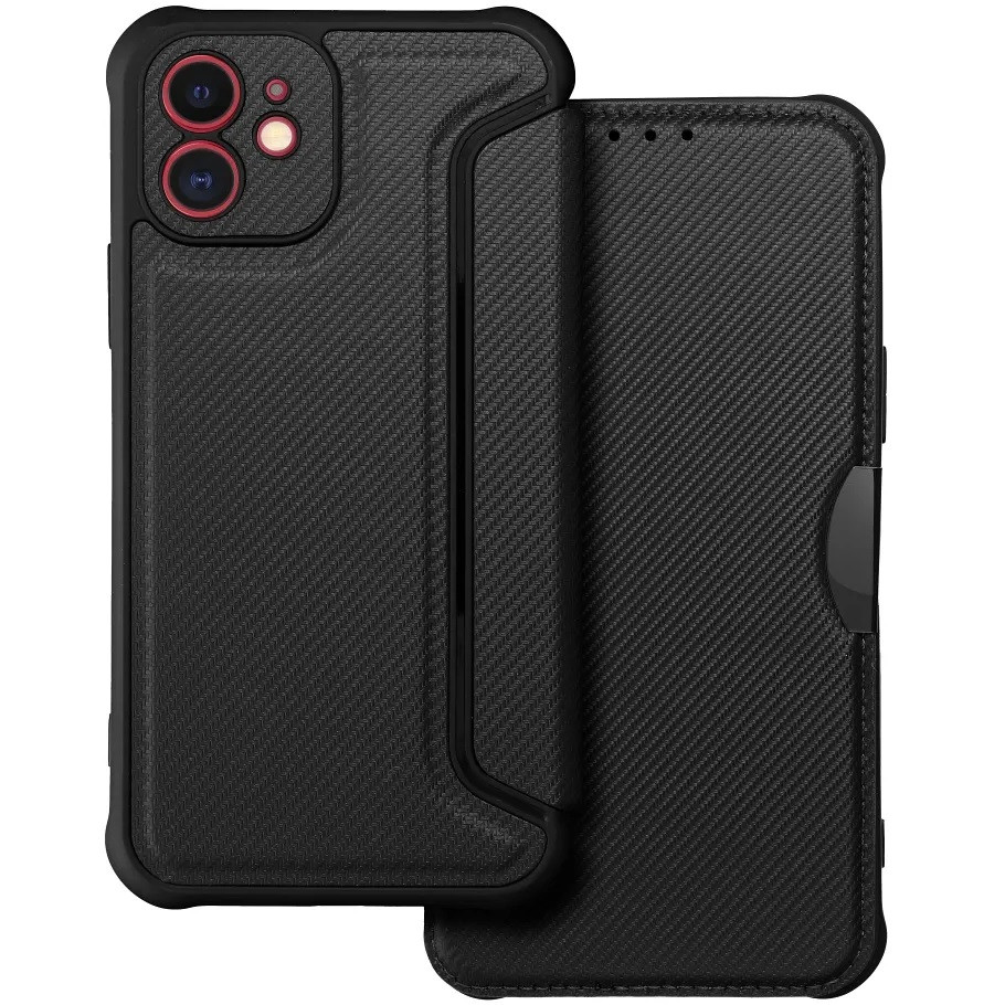Apple iPhone 15 Plus, Oldalra nyíló tok, légpárnás sarok, bőrhatású, karbon minta, Razor Book, fekete akciós termékkép 1
