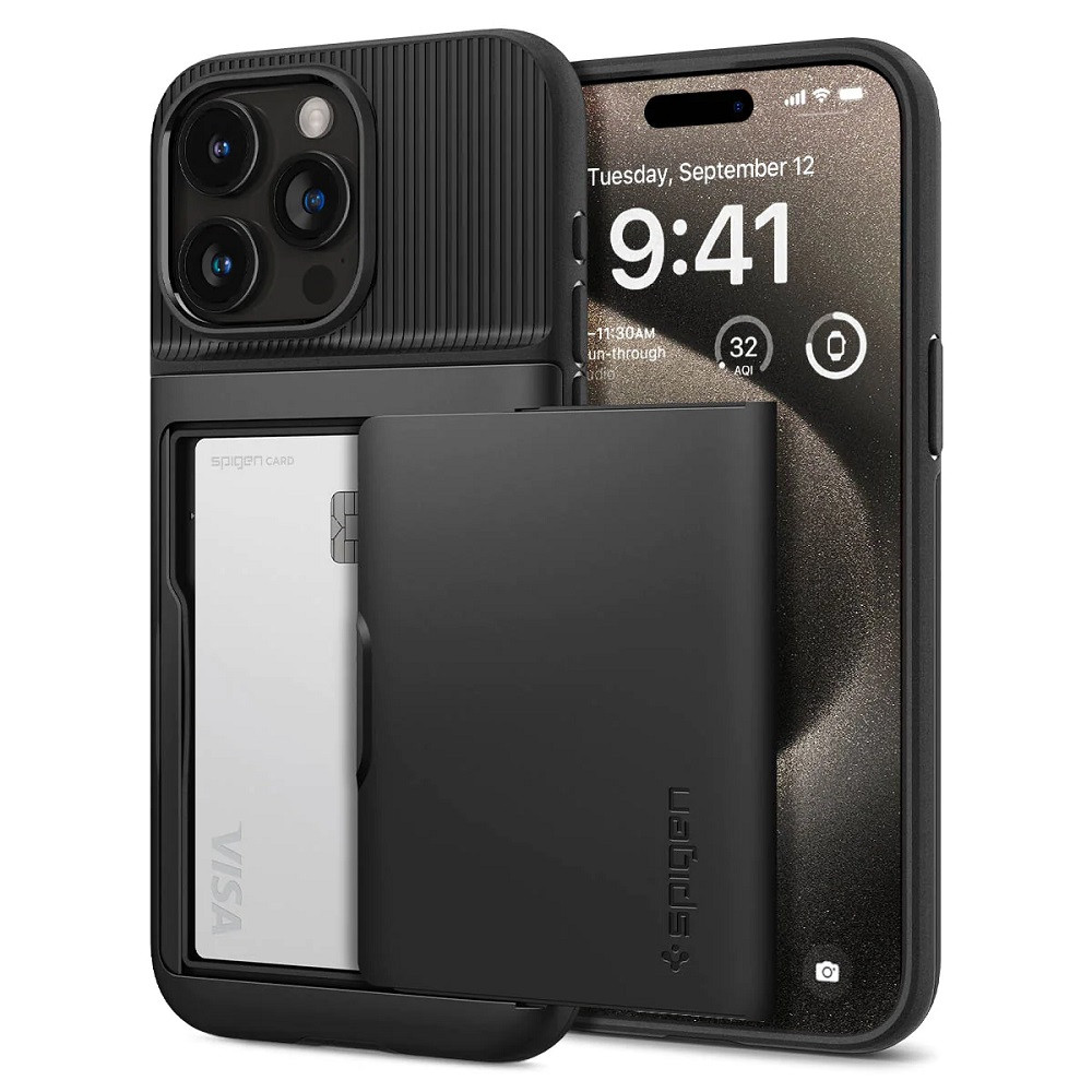Apple iPhone 15 Pro Max, Szilikon tok, műanyag hátlappal, Spigen Slim Armor CS, fekete akciós termékkép 1