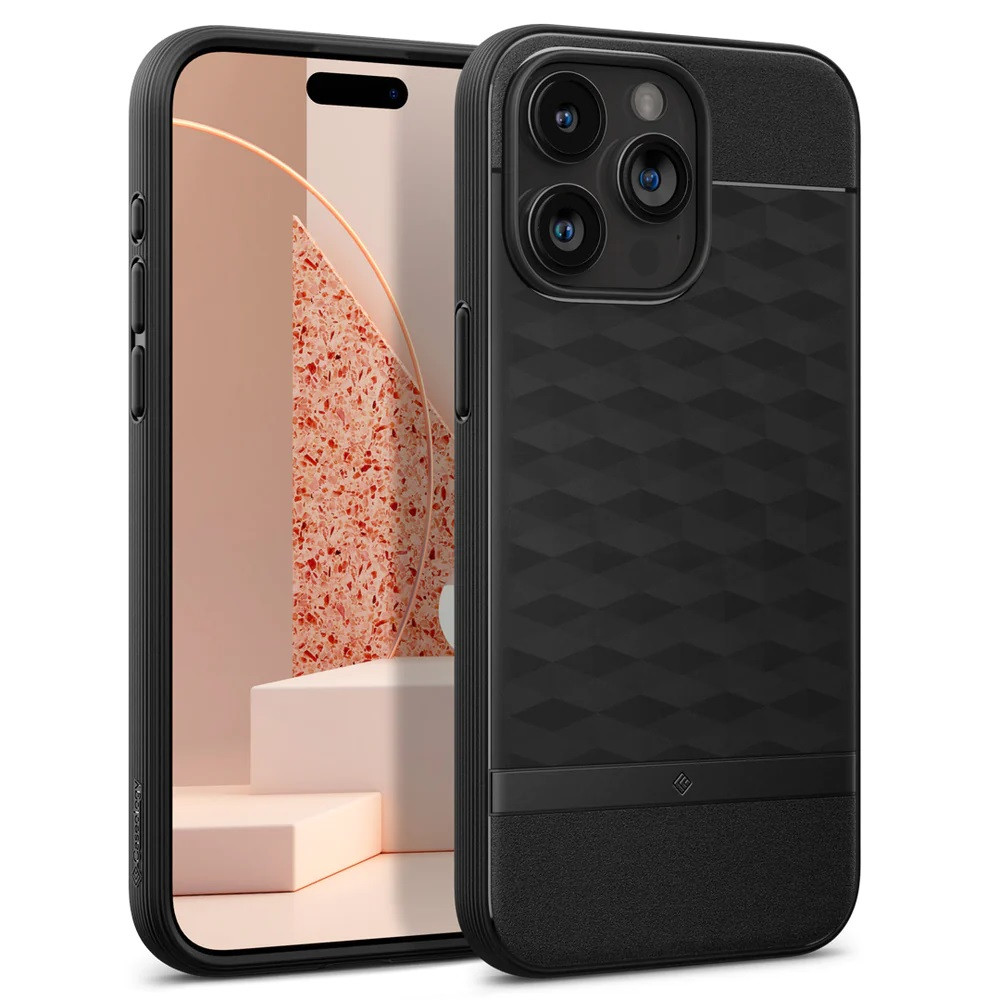 Apple iPhone 15 Pro Max, Szilikon tok + műanyag keret, közepesen ütésálló, Magsafe töltővel kompatibilis, 3D hatszög minta, Spigen Caseology Parallax Mag, fekete akciós termékkép 1