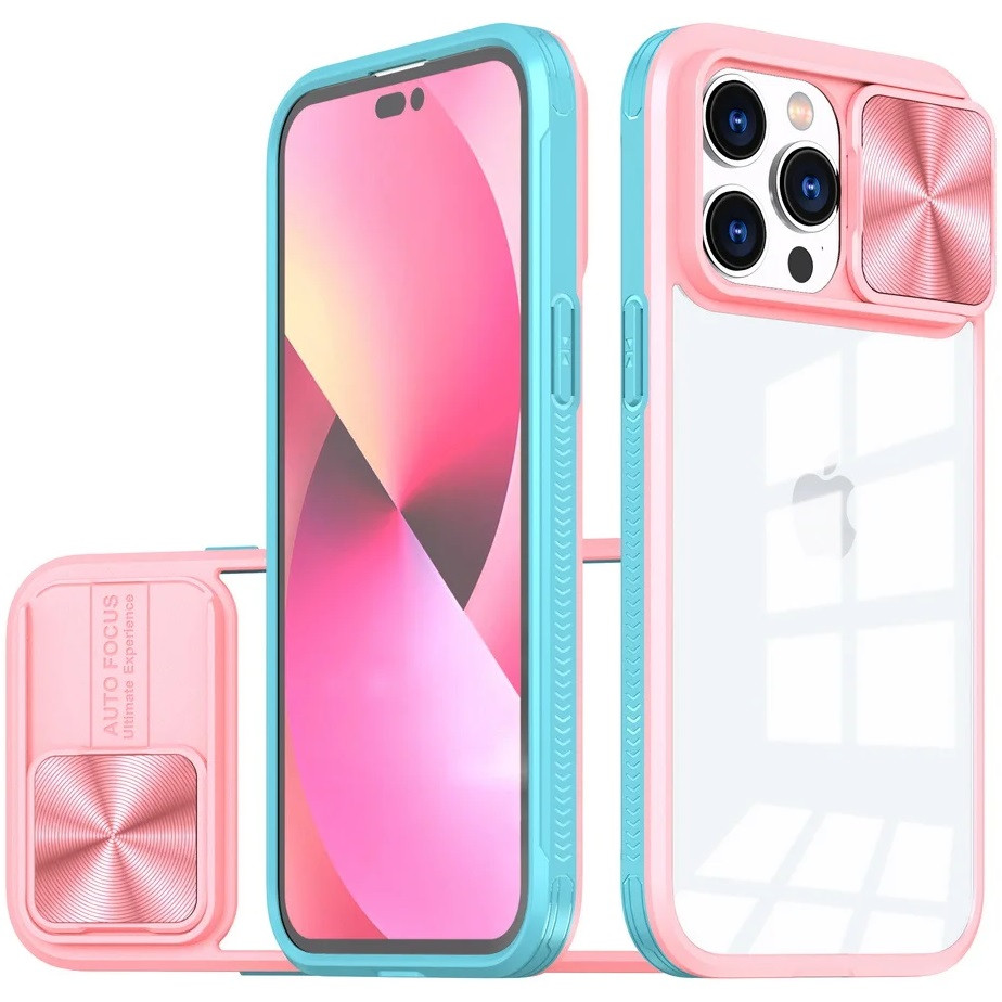Apple iPhone 12 / 12 Pro, Műanyag hátlap + szilikon keret, átlátszó akril hátlap, kamera védelem, Wooze Trendy, rózsaszín/kék akciós termékkép 1