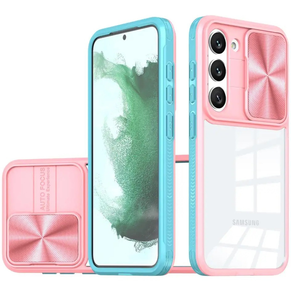 Samsung Galaxy S22 5G SM-S901, Műanyag hátlap + szilikon keret, átlátszó akril hátlap, kamera védelem, Wooze Trendy, rózsaszín/kék akciós termékkép 1