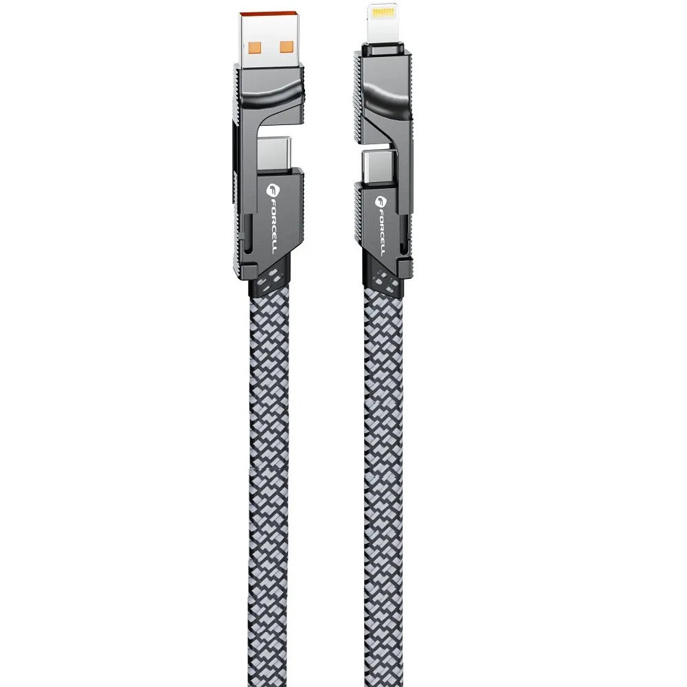 USB Type-C / USB töltő- és adatkábel 4in1, USB Type-C / Lightning, 100 cm, 3000 mA, 60W, változtatható töltőfej, törésgátló, lapos, gyorstöltés, cipőfűző minta, Forcell F-Energy C241, szürke akciós termékkép 1