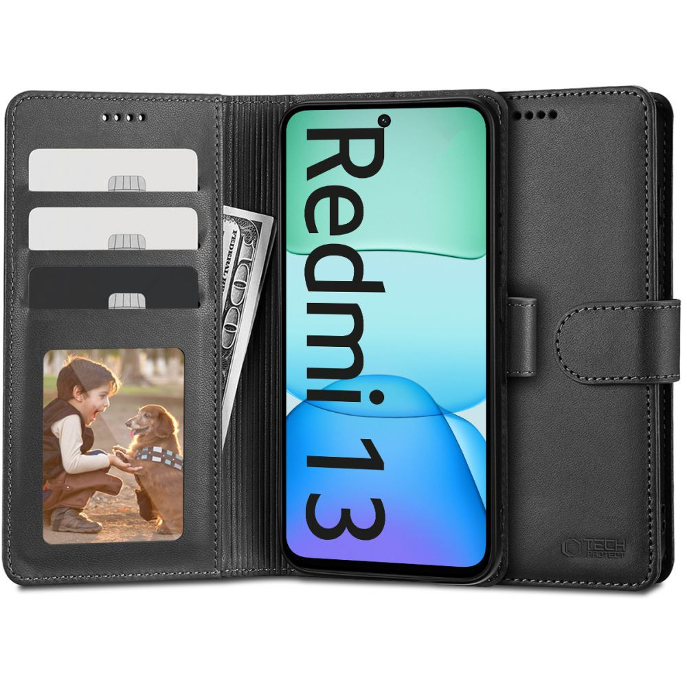 Xiaomi Redmi 13 4G / Note 13R / Poco M6 4G, Oldalra nyíló tok, stand, mágnes csattal, TP Wallett, fekete akciós termékkép 1