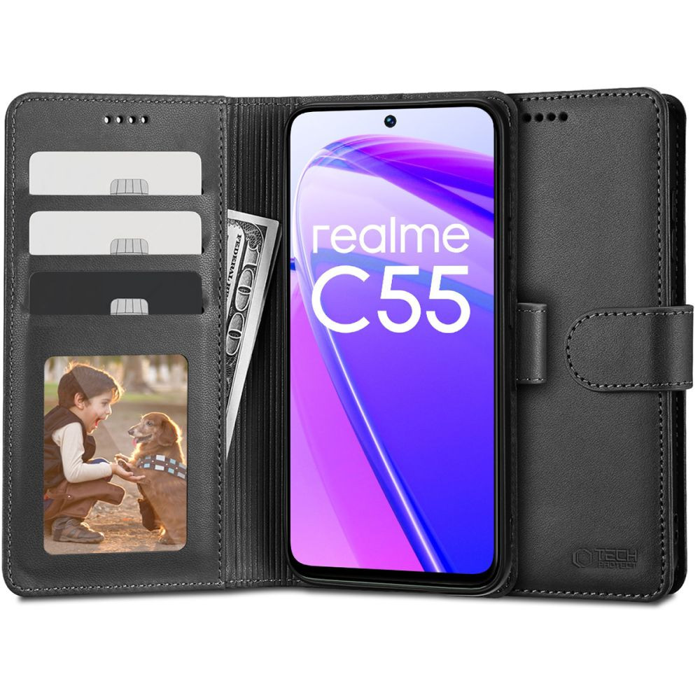 Realme C55, Oldalra nyíló tok, stand, mágnes csattal, TP Wallett, fekete akciós termékkép 1