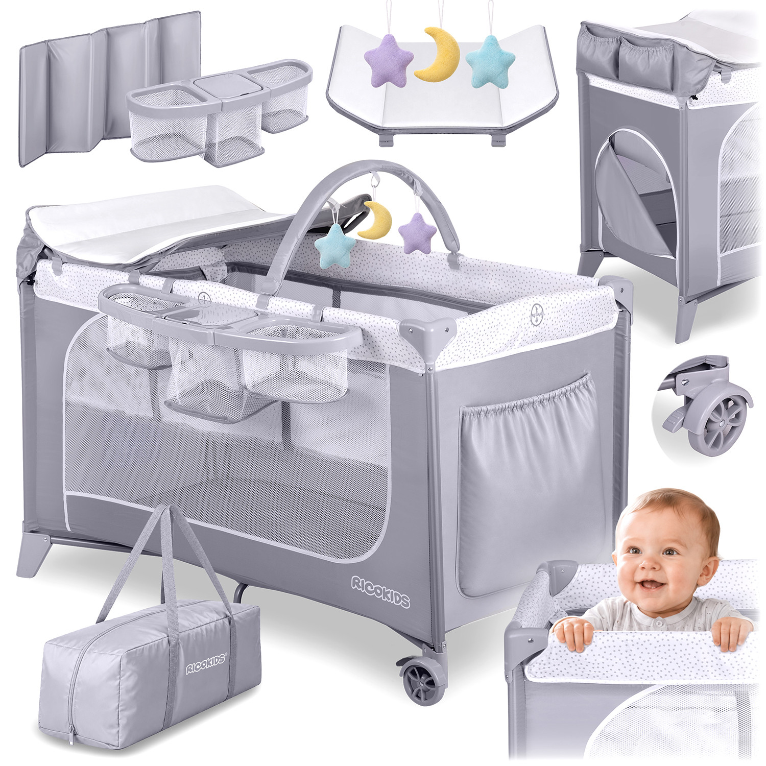 Összecsukható baba utazóágy 125 x 65 x 78 cm szürke - Ricokids RK-241